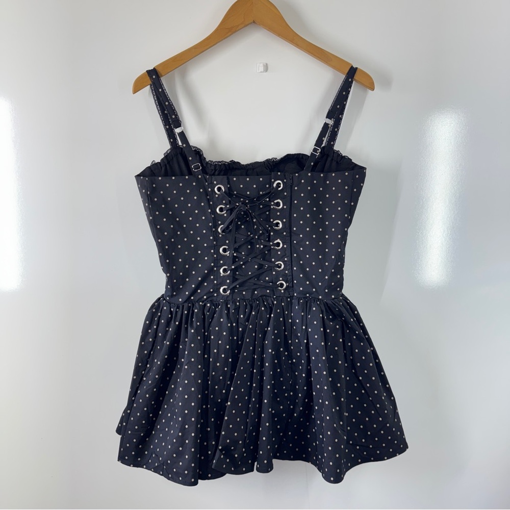 R+F Women Polka Dot Corset Mini Dress Lace Trim Fit Flare Sz M Black Coquette - Picture 10 of 15